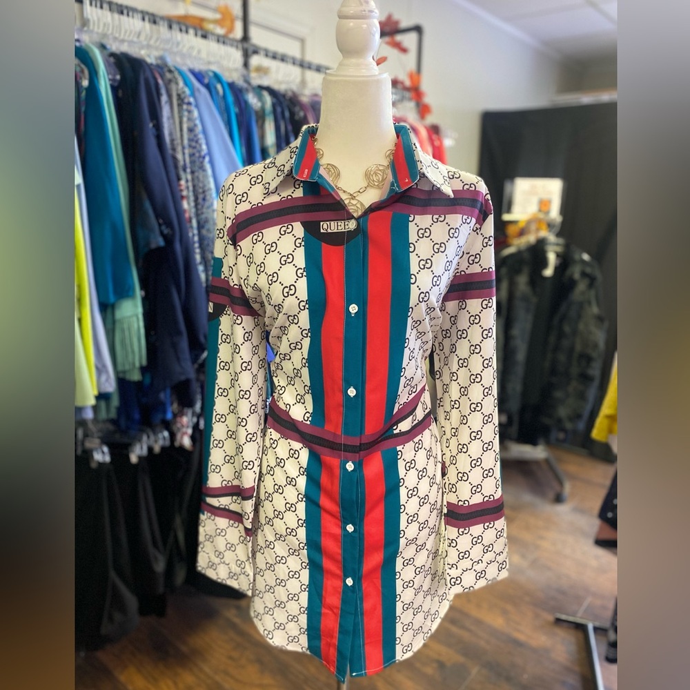 Gucci White and Teal Monogram Shirt